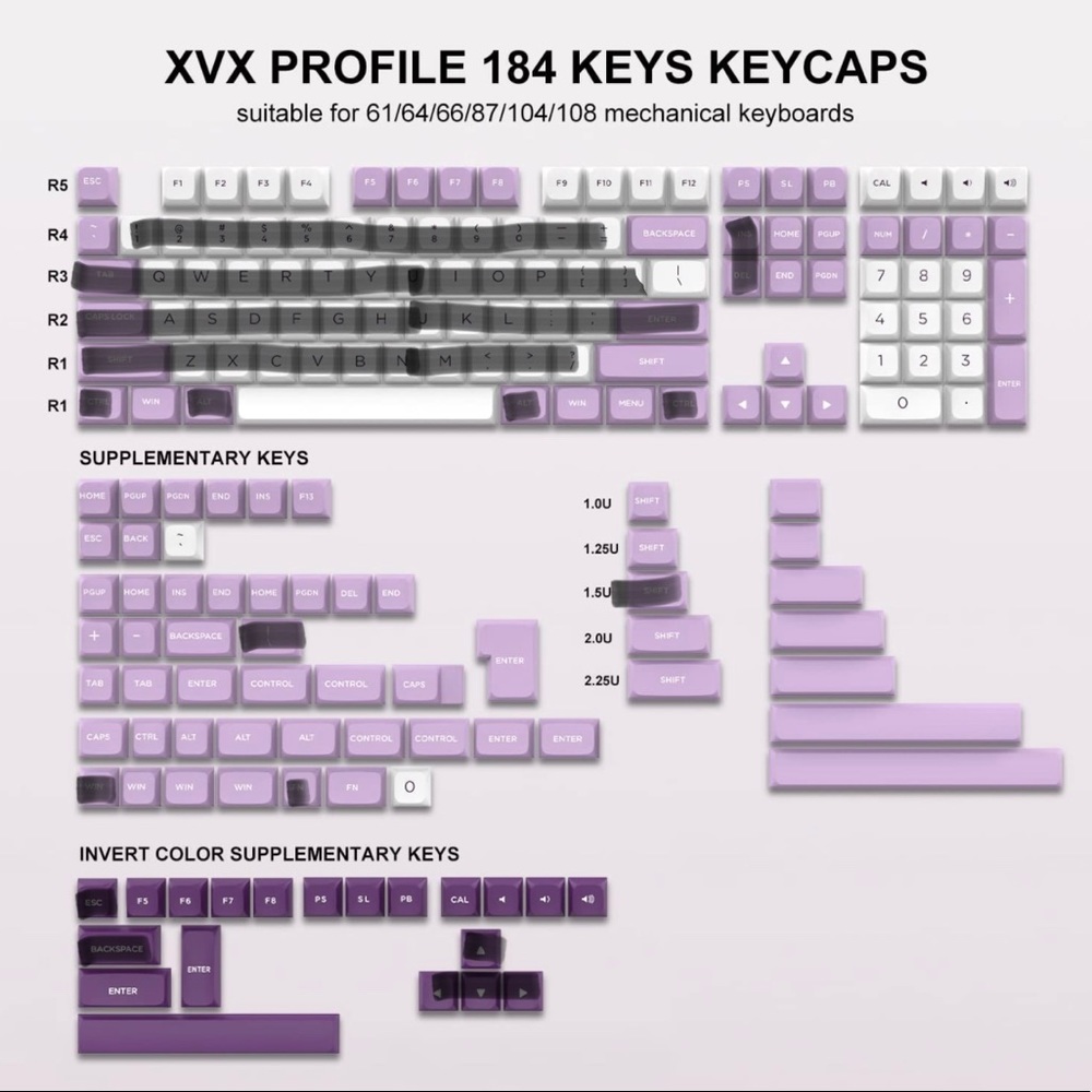 119 ct double shot keycaps pbt custom set xvx profile keycaps white/purple